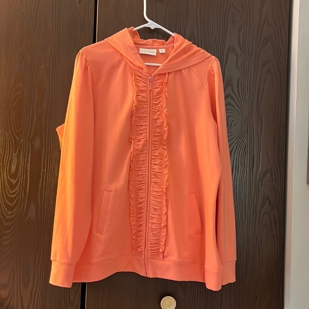 Sport Savvy bright melon colored, hooded sweatshirt jacket. Size XL. Like new.